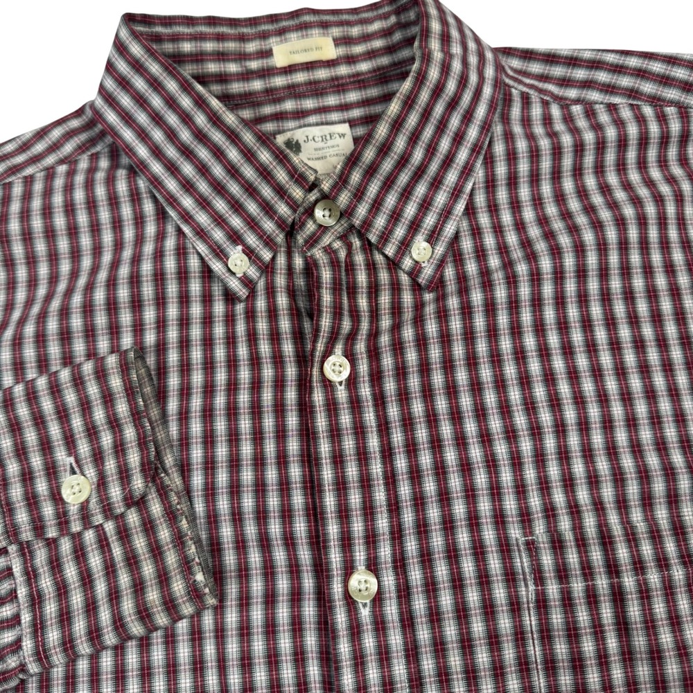 J Crew Tailored Fit Men L Red Plaid Button Down Shirt Classic Preppy Festive 00s